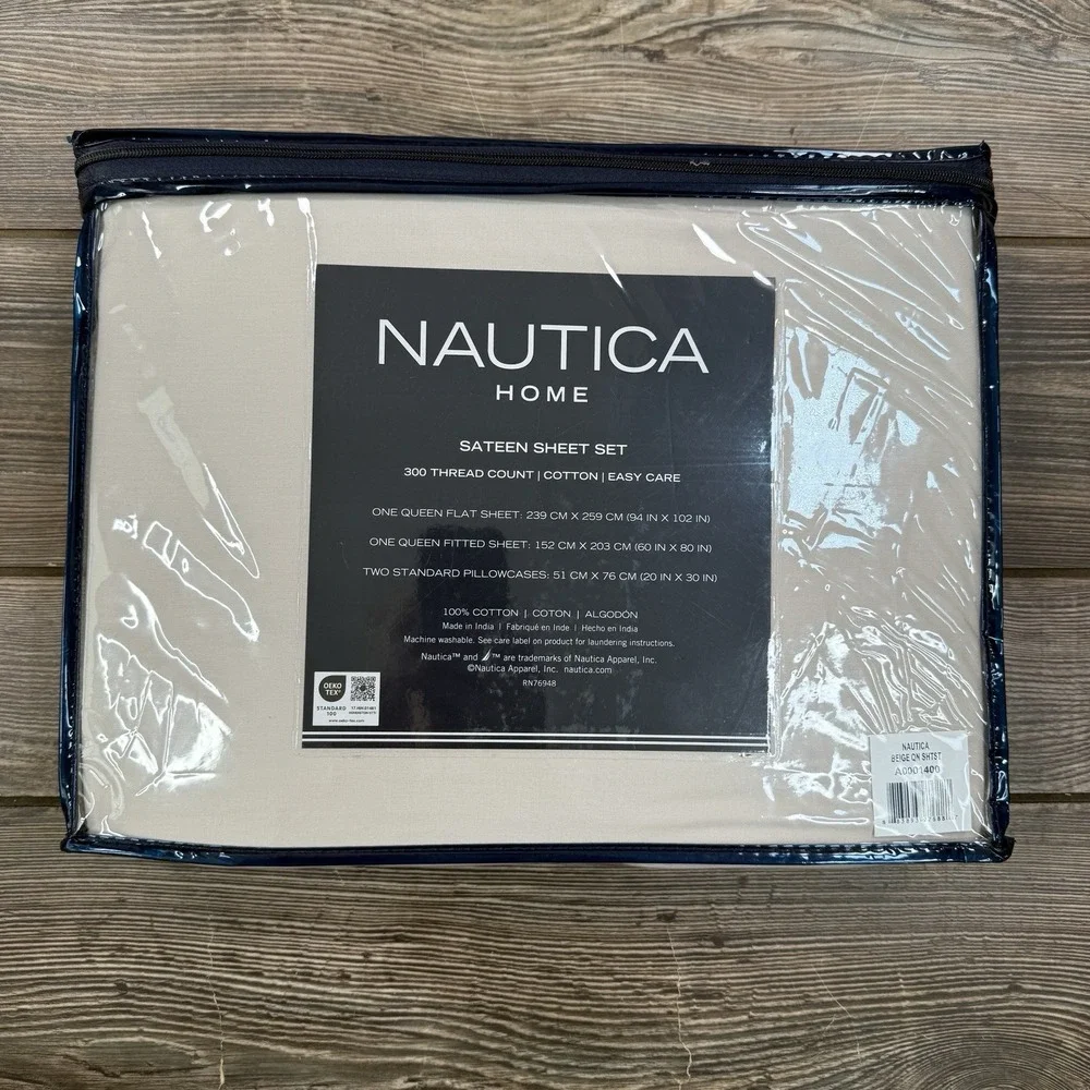 Nautica 4-Piece Queen Sheet Set 100% Cotton 300 Thread Count Solid Beige NEW